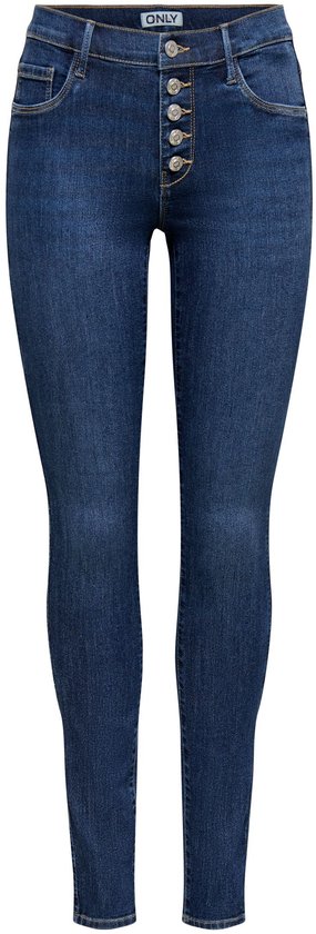 Donkerblauwe skinny jeans met een hoge taille en een rij knopen aan de gulp, merknaam ONLY.