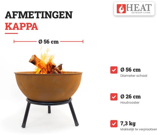 Overzicht van afmetingen voor roestkleurige vuurschaal Kappa: Ø 56 cm schaal en 7,3 kg gewicht.