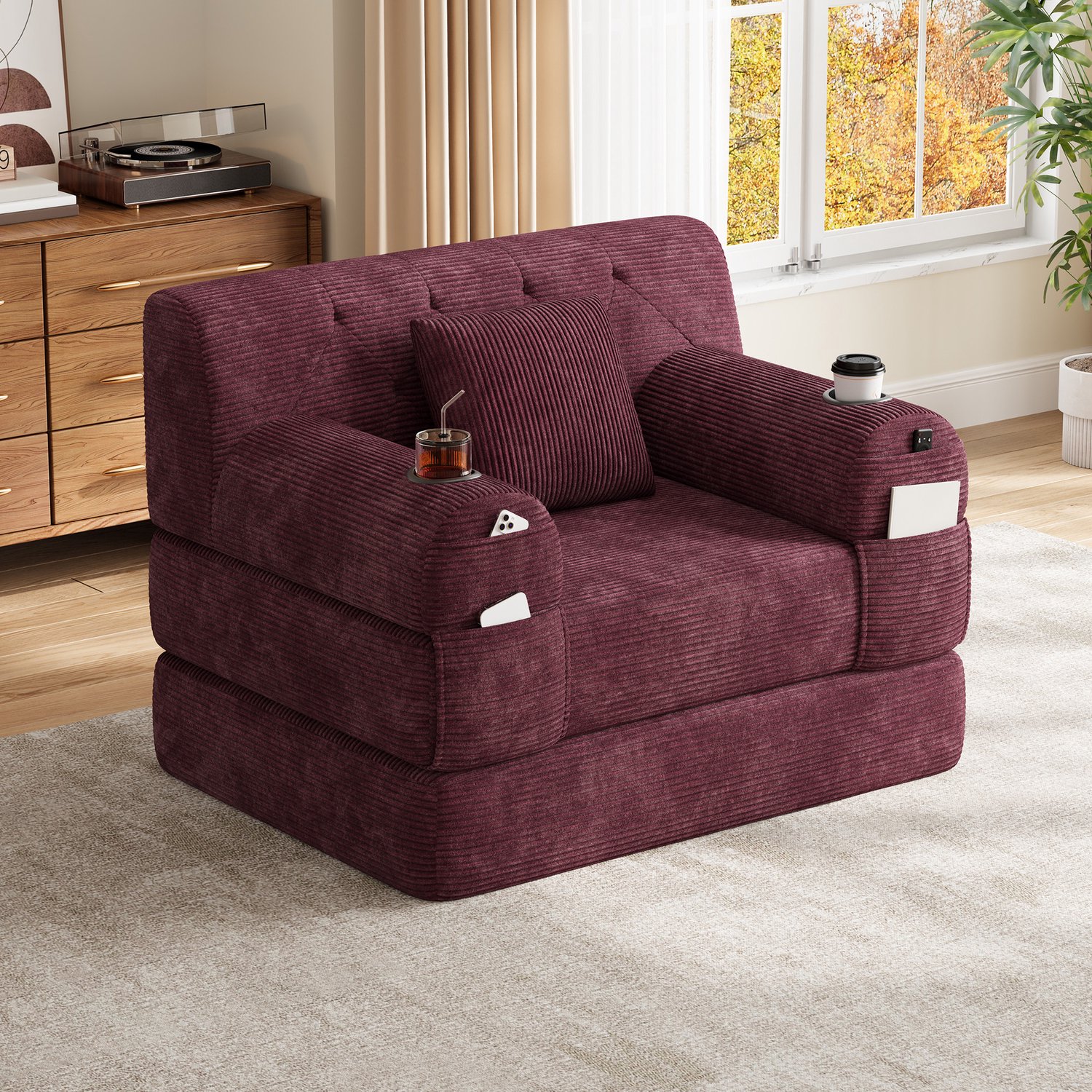 MIVRAY Slaapbank 107 x 80 x 81 cm - Eenpersoons met Hoge Rugleuning en Bekerhouders - Voor Woonkamer en Logeerkamer - Ribfluweel - Wijnrood