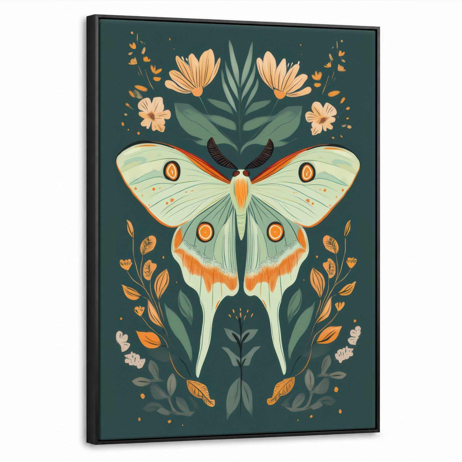 Canvas Schilderij met Baklijst 50x70cm - Sierlijk - Vlinder - Groen - Bladeren - Muurdecoratie woonkamer - Slaapkamer decoratie - Kamer accessoires - Schilderijen op canvas met lijst