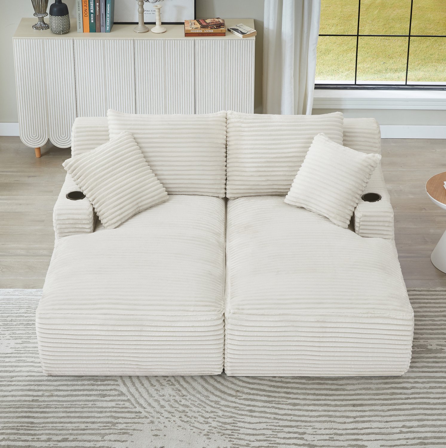 MODENUIT Slaapbank 2-Zits - Dubbele Chaise Longue Met Bekerhouders - Voor Woonkamer - Ribfluweel - Beige Wit