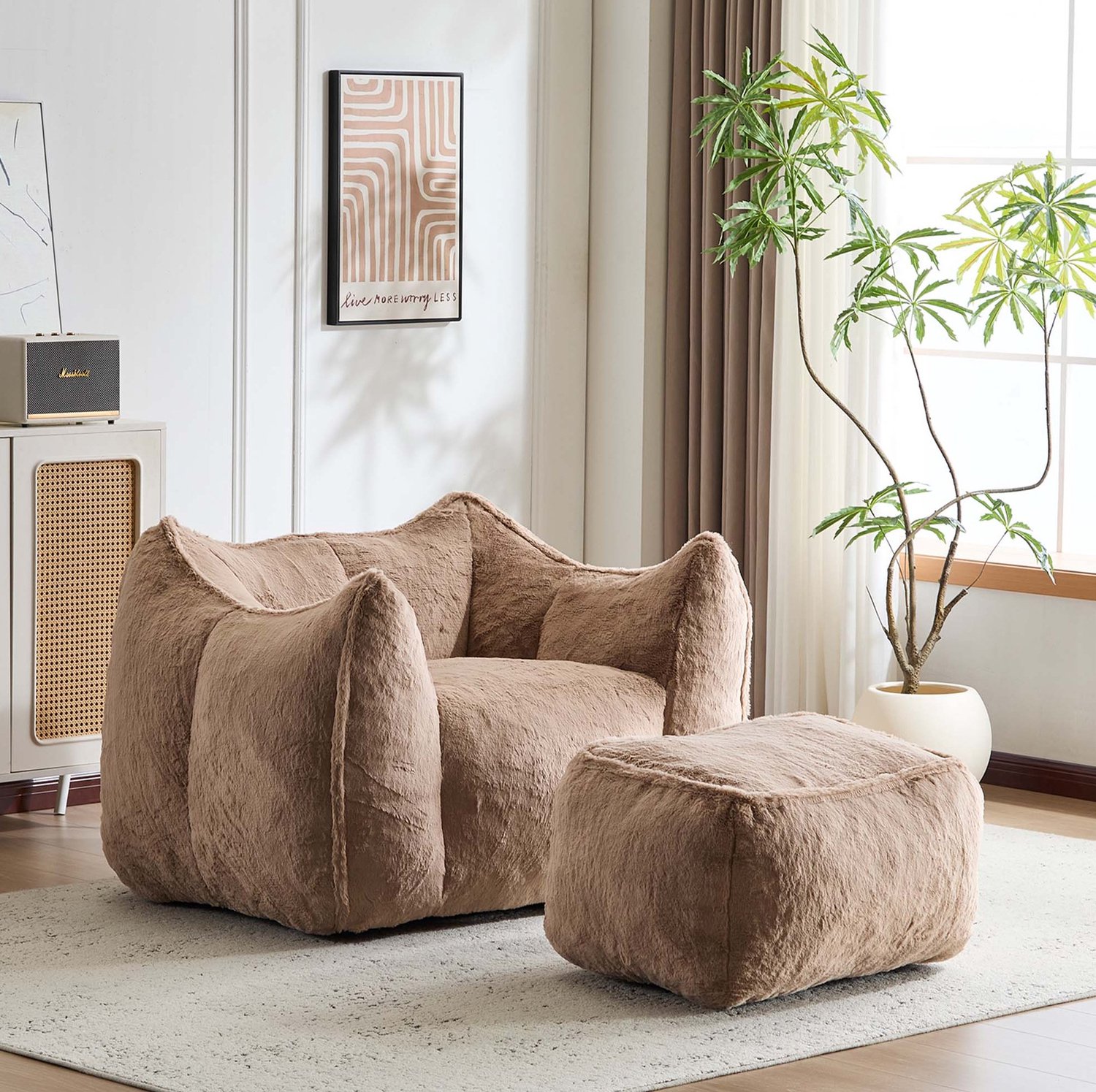 STILVORA Fauteuil Met Hocker 100,5 x 126 x 75 cm - Zachte Schuimvulling - Voor Woonkamer En Leeshoek - Kunstbont - Khaki