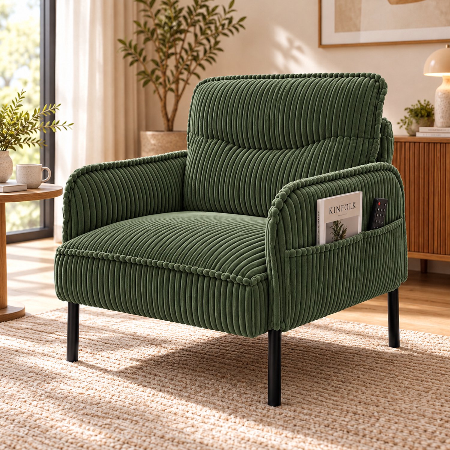 DESMIU Fauteuil 69 x 73 x 83 cm - Met Hoge Rugleuning, Armleuningen En Zijvakken - Voor Woonkamer En Slaapkamer - Ribstof - Groen