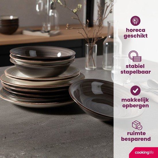Cookinglife Serviesset Delice Grijs 18-delig - 6 Personen - Bevat 6 Dinerborden, 6 Diepe Borden en 6 Ontbijtborden - Aardewerk met Subtiele Grijze Glazuurlaag - Vaatwasser- en Magnetronbestendig - Tijdloos, Neutraal en Perfect voor Elke Tafelsetting — afbeelding 4