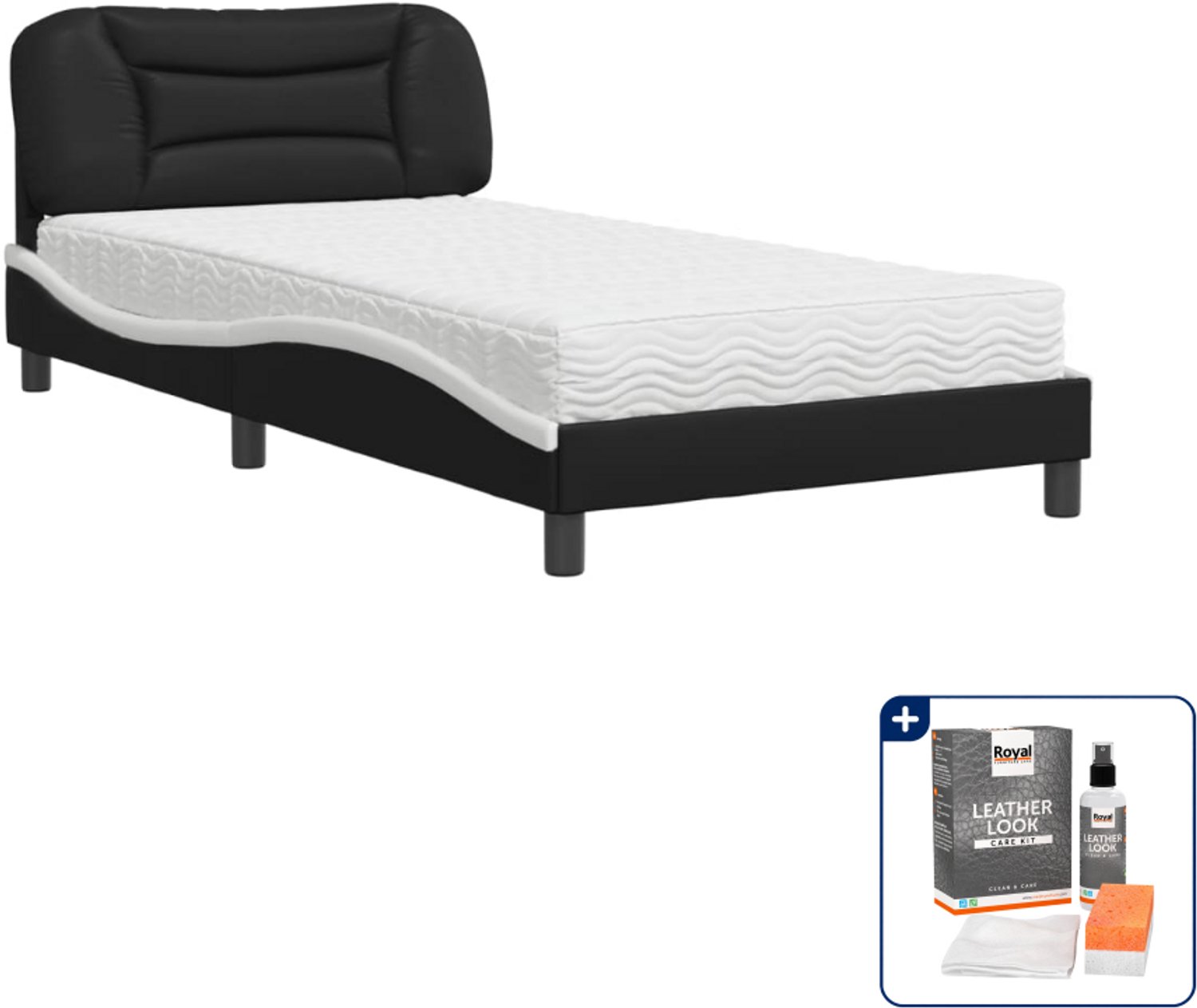 vidaXL Hvar bed met matras - 100 x 200 cm - kunstleer - zwart en wit - Inclusief onderhoudsset voor kunstleer 150 ml Grijs