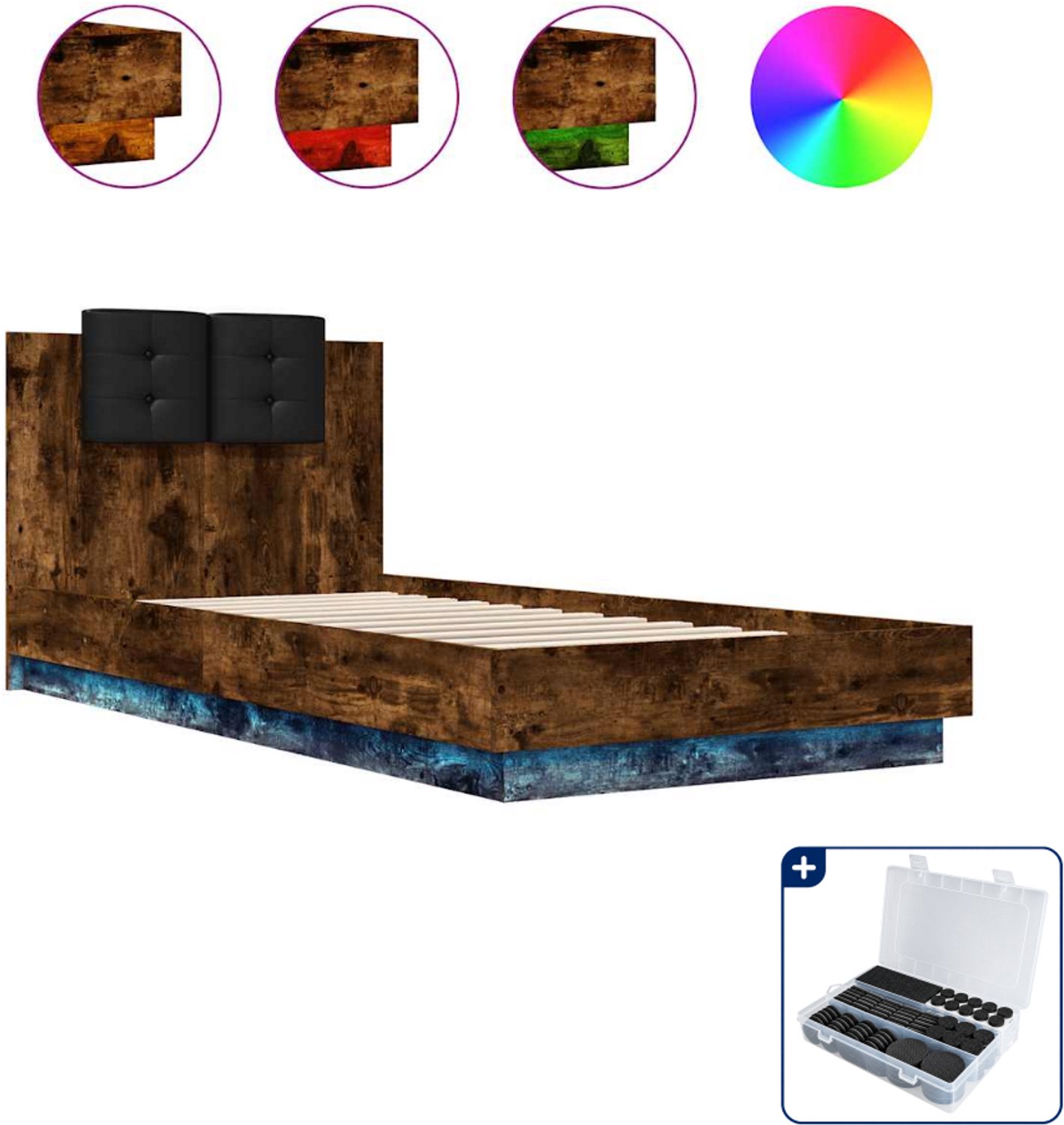 vidaXL bedframe met hoofdbord en LED - 100 x 200 cm - gerookt eiken - Inclusief antikrasvilt 177-delig Wit