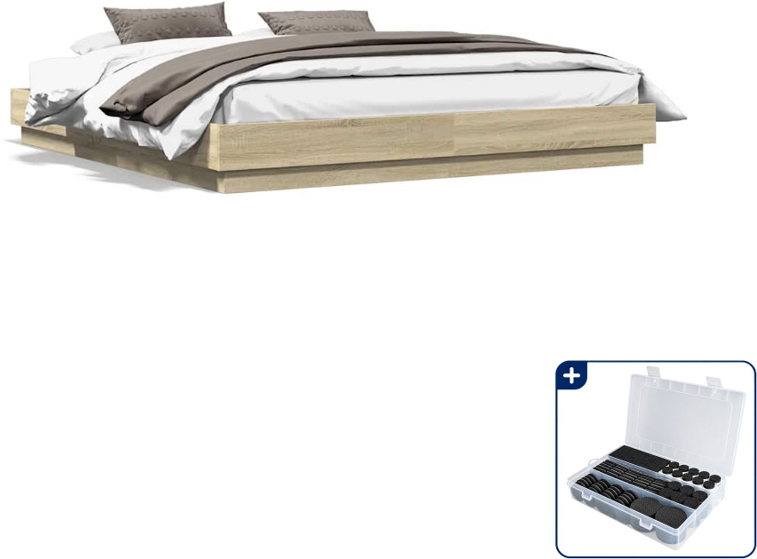 vidaXL bedframe - 200 x 200 cm - bewerkt hout - sonoma eiken - Inclusief antikrasvilt 177-delig Zwart