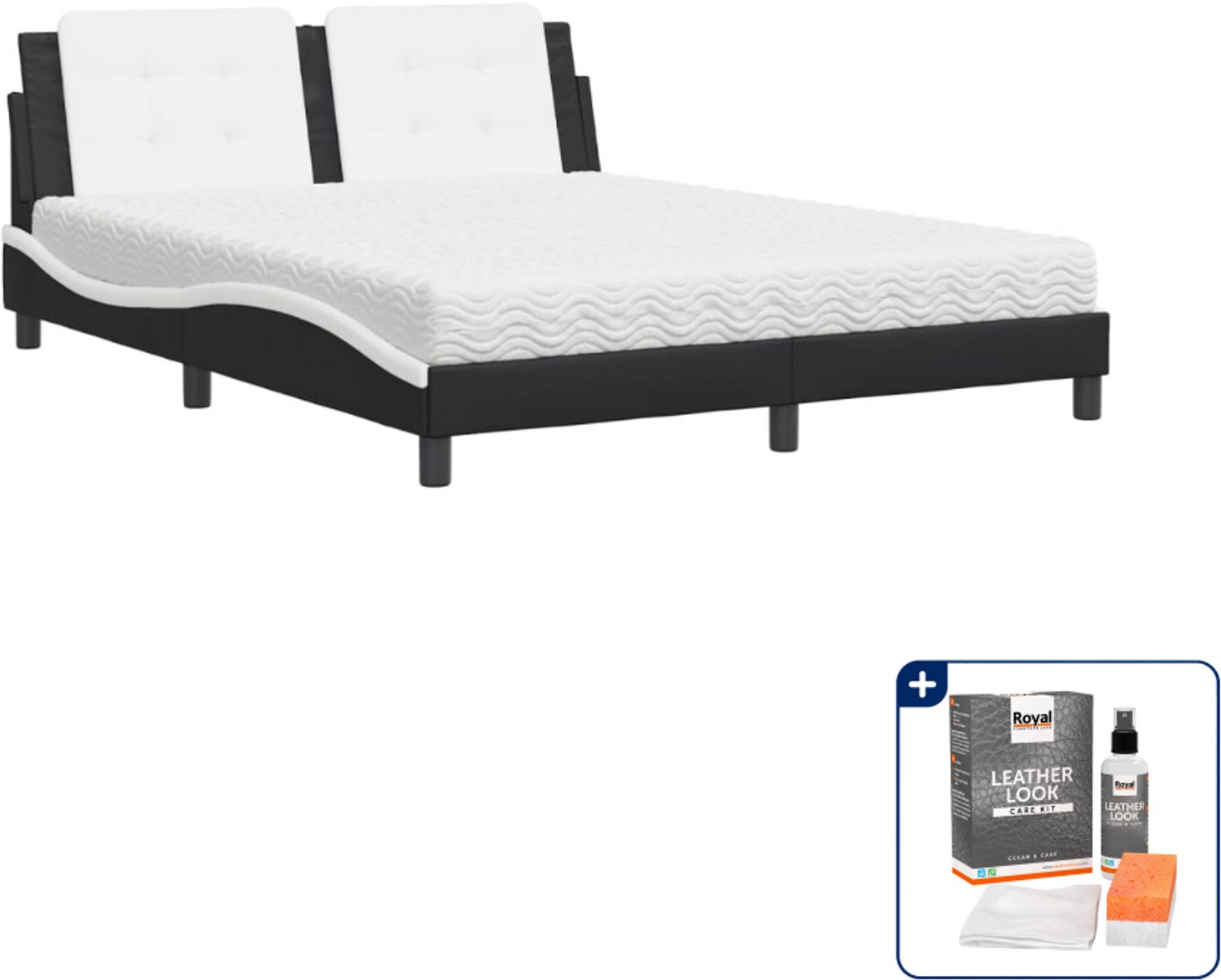 vidaXL Bed met matras Zadar Queensize - 160 x 200 cm - zwart en wit - Inclusief onderhoudsset voor kunstleer 150 ml Grijs