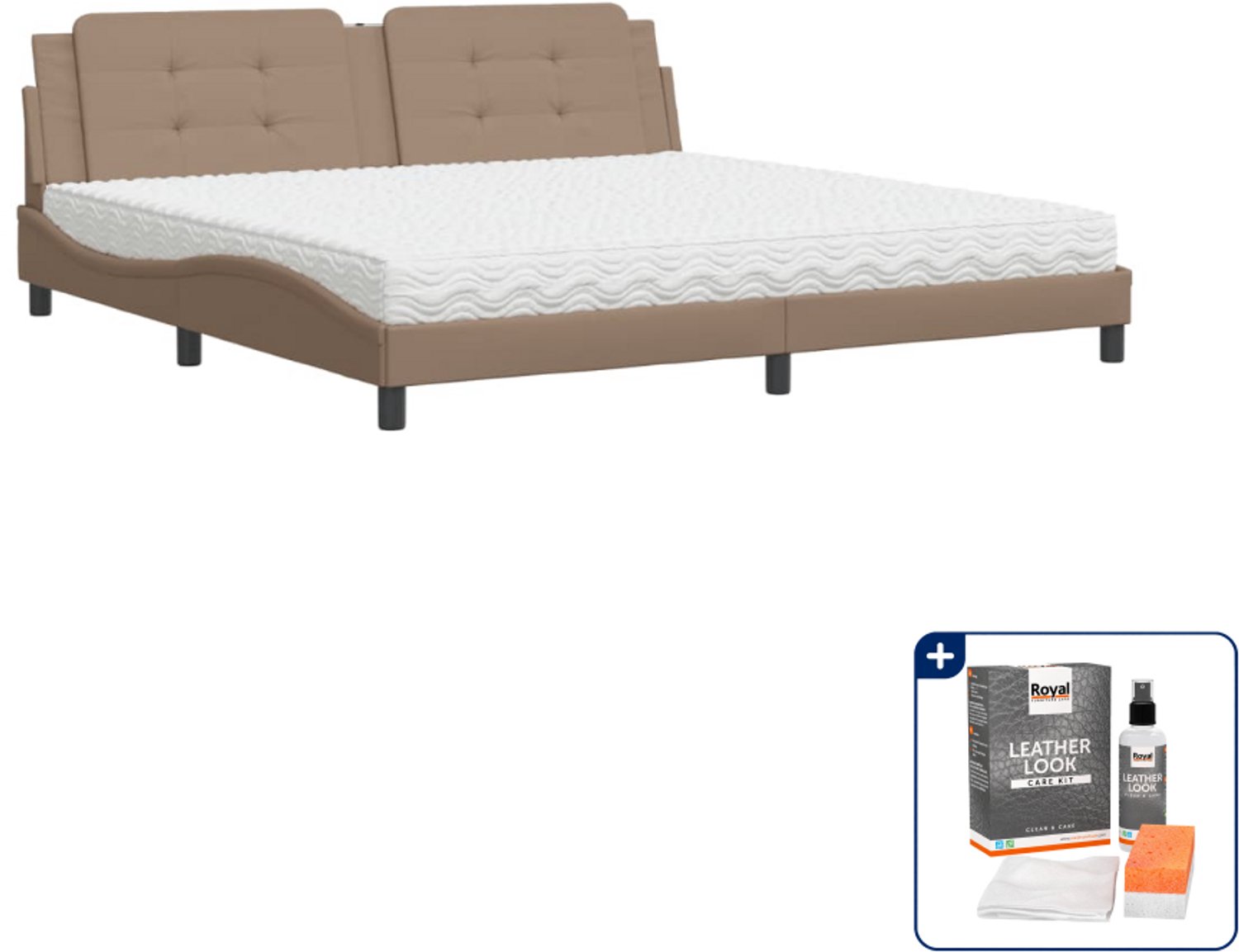 vidaXL Zadar bed met matras - 200 x 200 cm - kunstleer - cappuccino - Inclusief onderhoudsset voor kunstleer 150 ml Grijs
