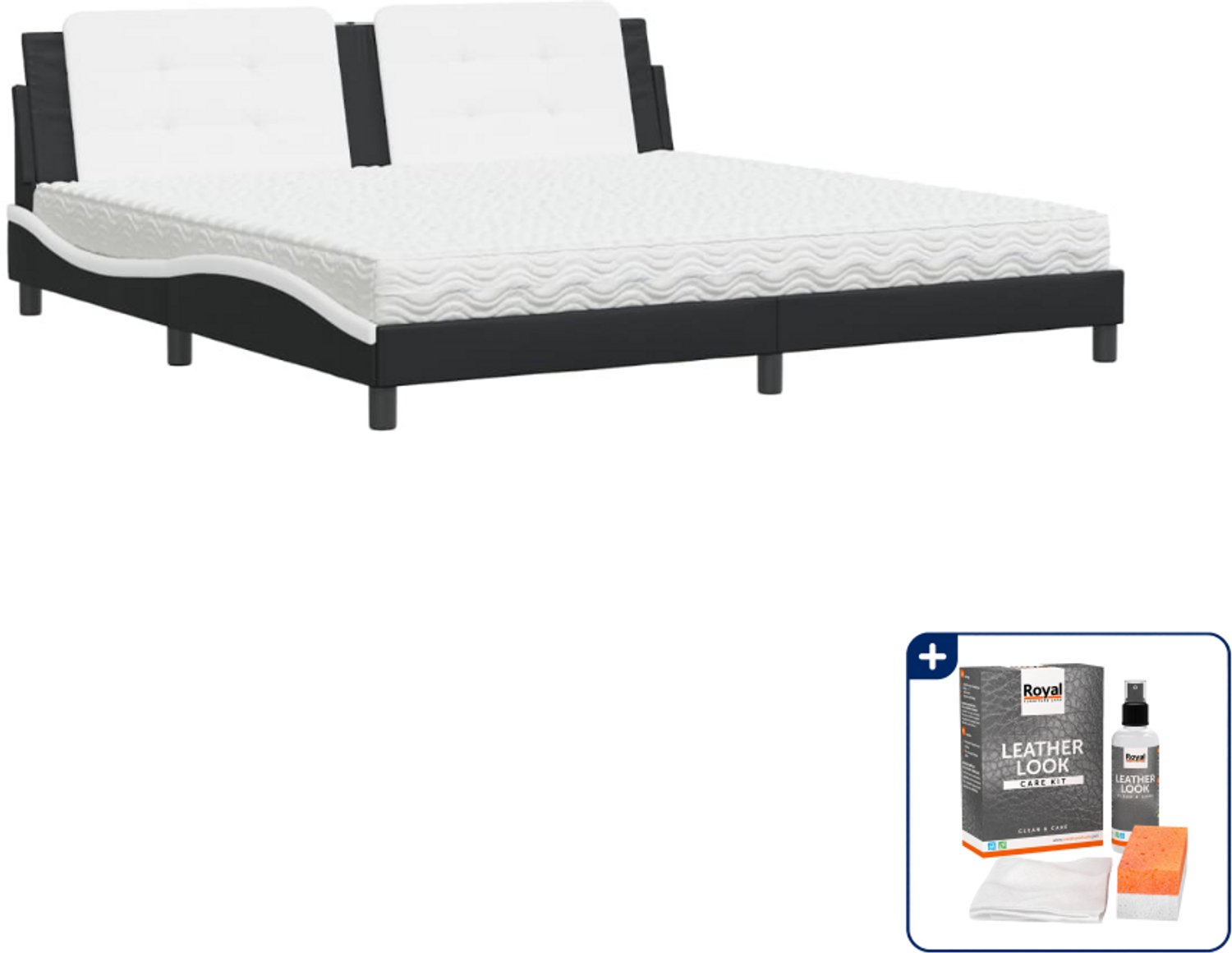vidaXL Bed met matras Zadar - 200 x 200 cm - kunstleer - zwart/wit - Inclusief onderhoudsset voor kunstleer 150 ml Bruin