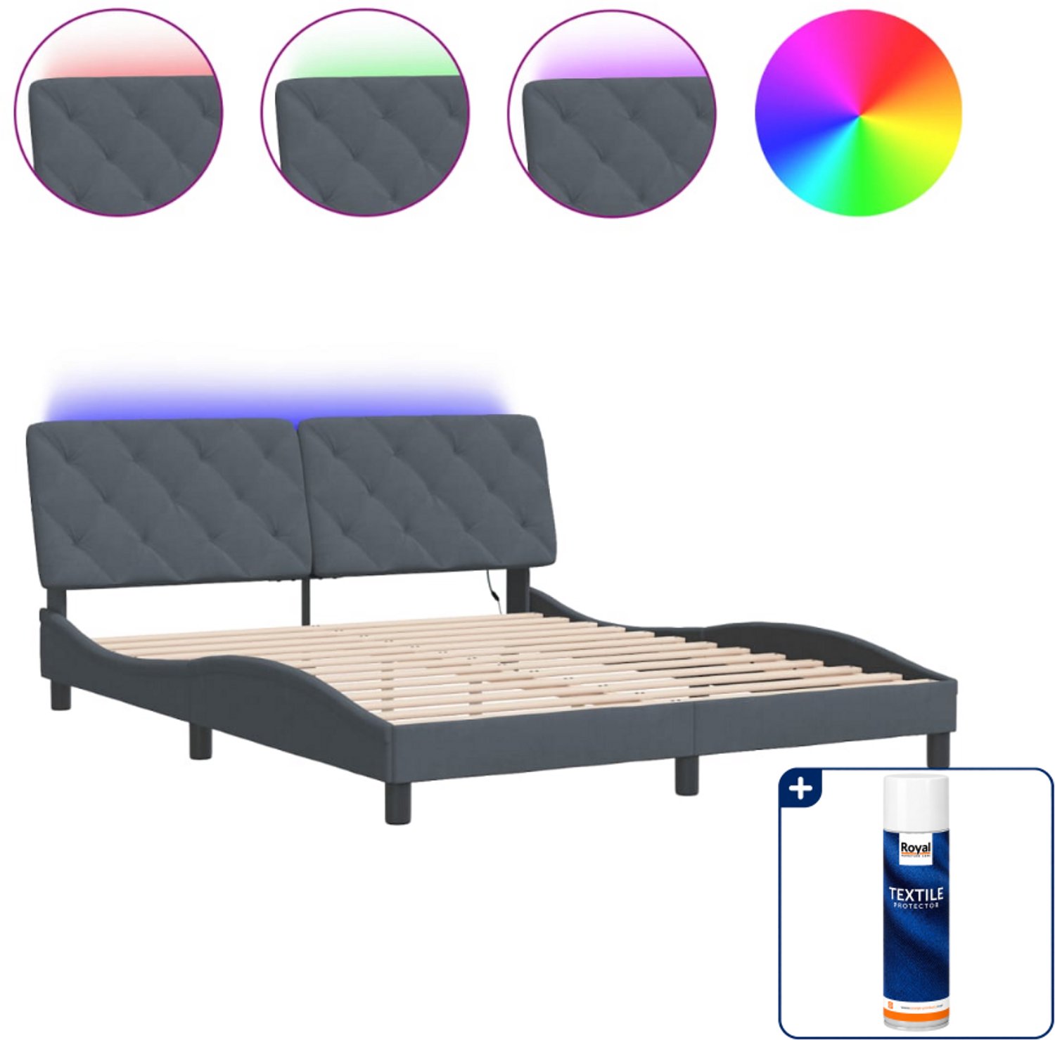 vidaXL bedframe met LED - Queensize - 160 x 200 cm - donkergrijs - Inclusief textielbeschermer 500 ml