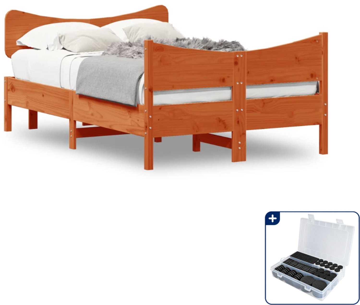 vidaXL bedframe - 120 x 190 cm - massief grenenhout - wasbruin - Inclusief antikrasvilt 177-delig Zwart