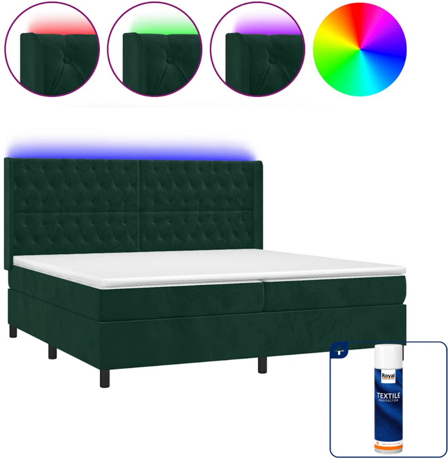 vidaXL boxspring met matras en LED - 200x200 cm - fluweel - donkergroen - Inclusief textielbeschermer 500 ml