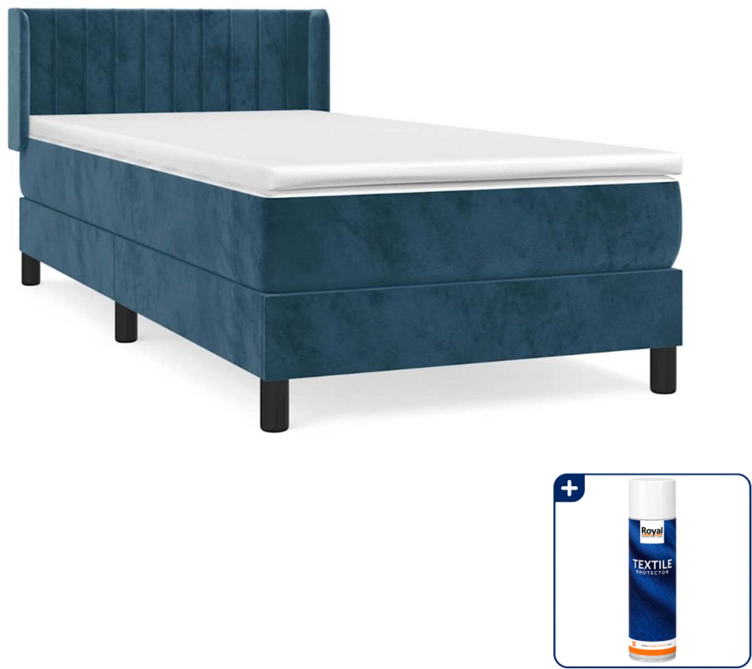 vidaXL boxspring met matras 90 x 200 cm - fluweel - donkerblauw - Inclusief textielbeschermer 500 ml