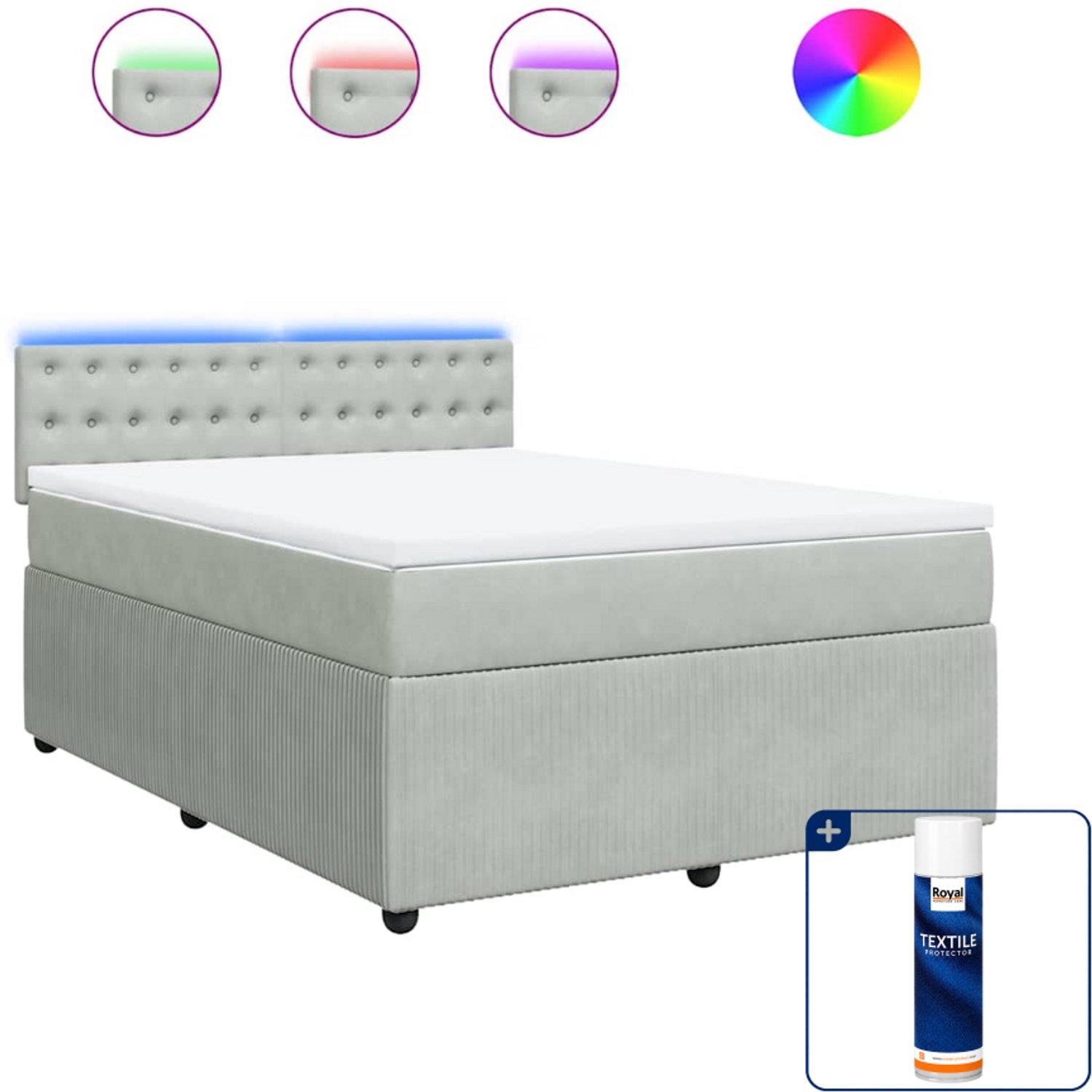 vidaXL boxspring met matras - 140 x 190 cm - fluweel - lichtgrijs - Inclusief textielbeschermer 500 ml