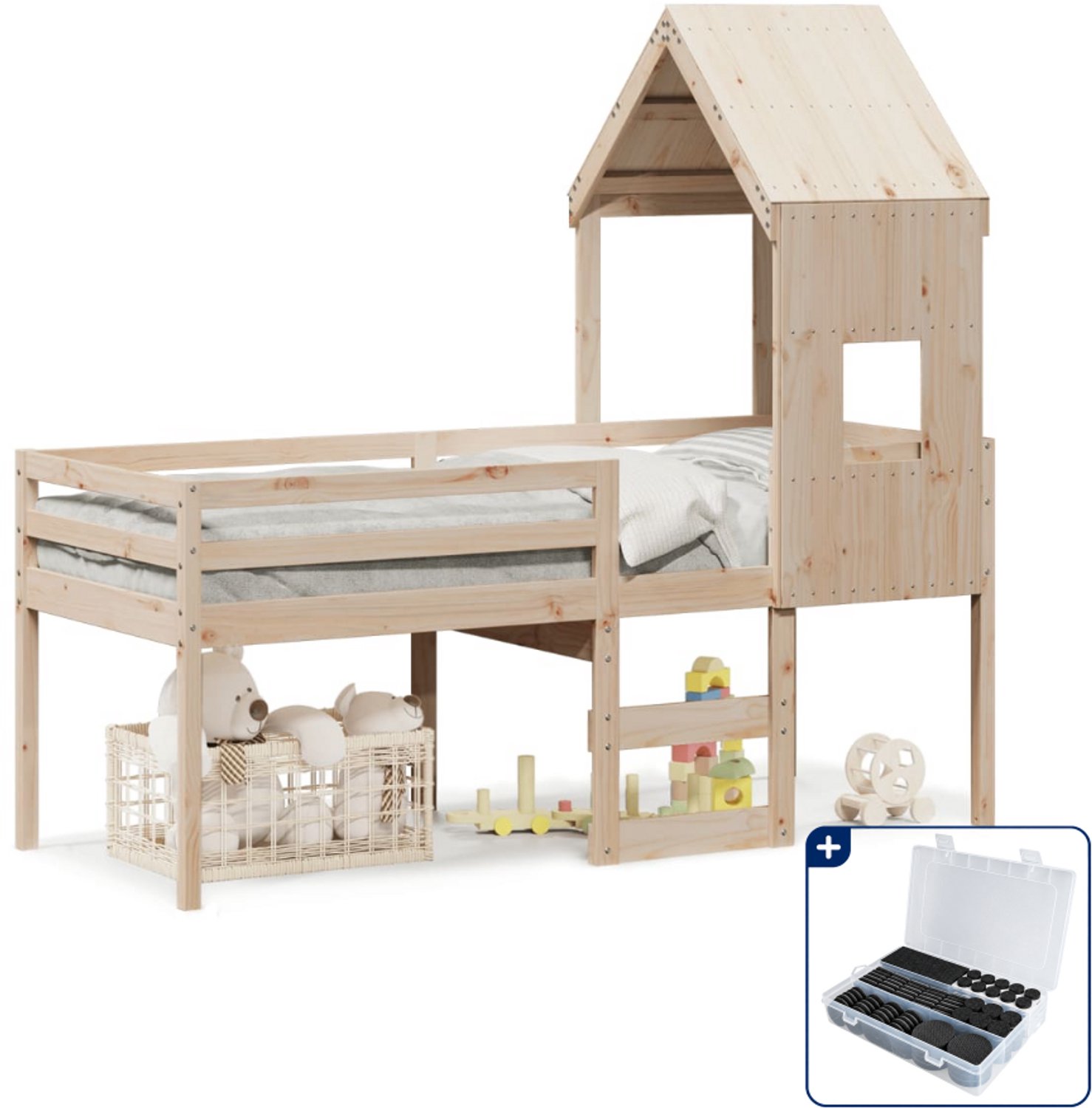 vidaXL hoogslaper met dak - 90 x 200 cm - massief grenenhout - Inclusief antikrasvilt 177-delig Bruin