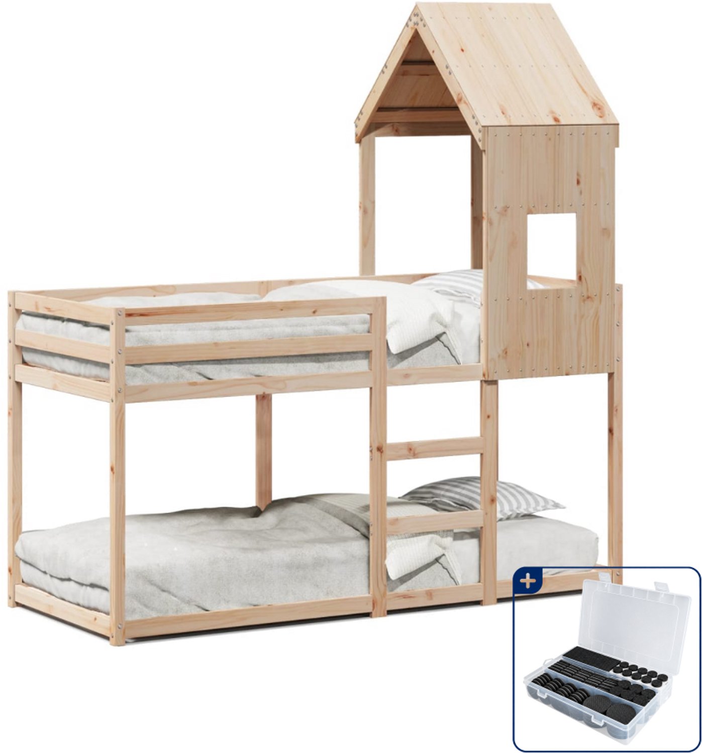 vidaXL stapelbed met bedhuis - 90 x 200 cm - massief grenenhout - Inclusief antikrasvilt 177-delig Bruin