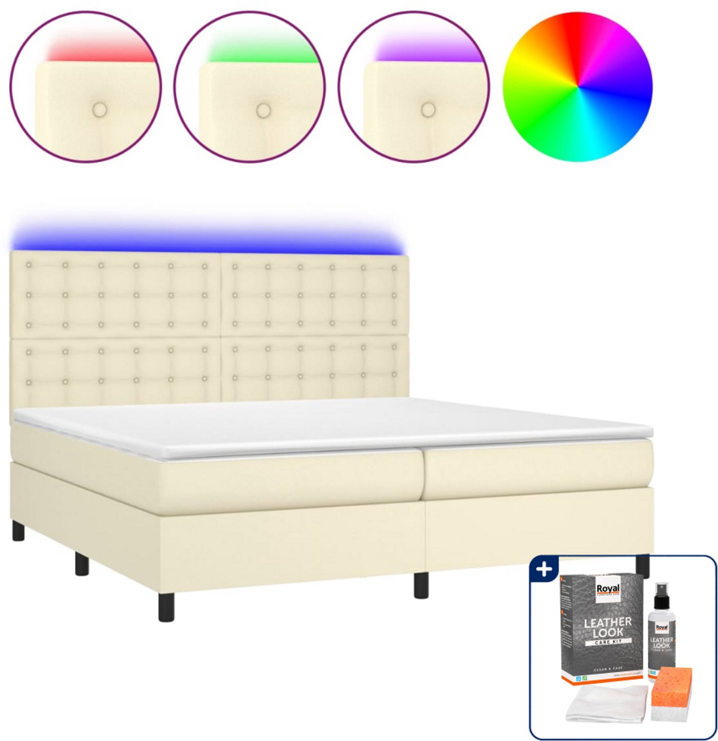 vidaXL Super kingsize boxspring met matras en LED - crème - Inclusief onderhoudsset voor kunstleer 150 ml