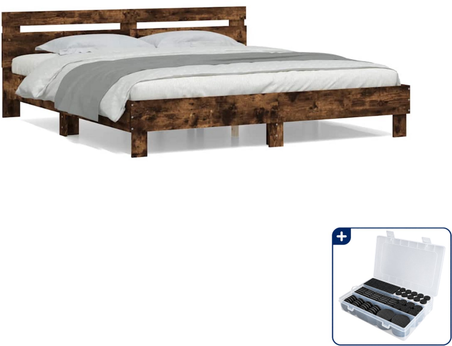 vidaXL Bedframe - 200 x 200 cm - bewerkt hout - gerookt eiken - Inclusief antikrasvilt 177-delig Blauw