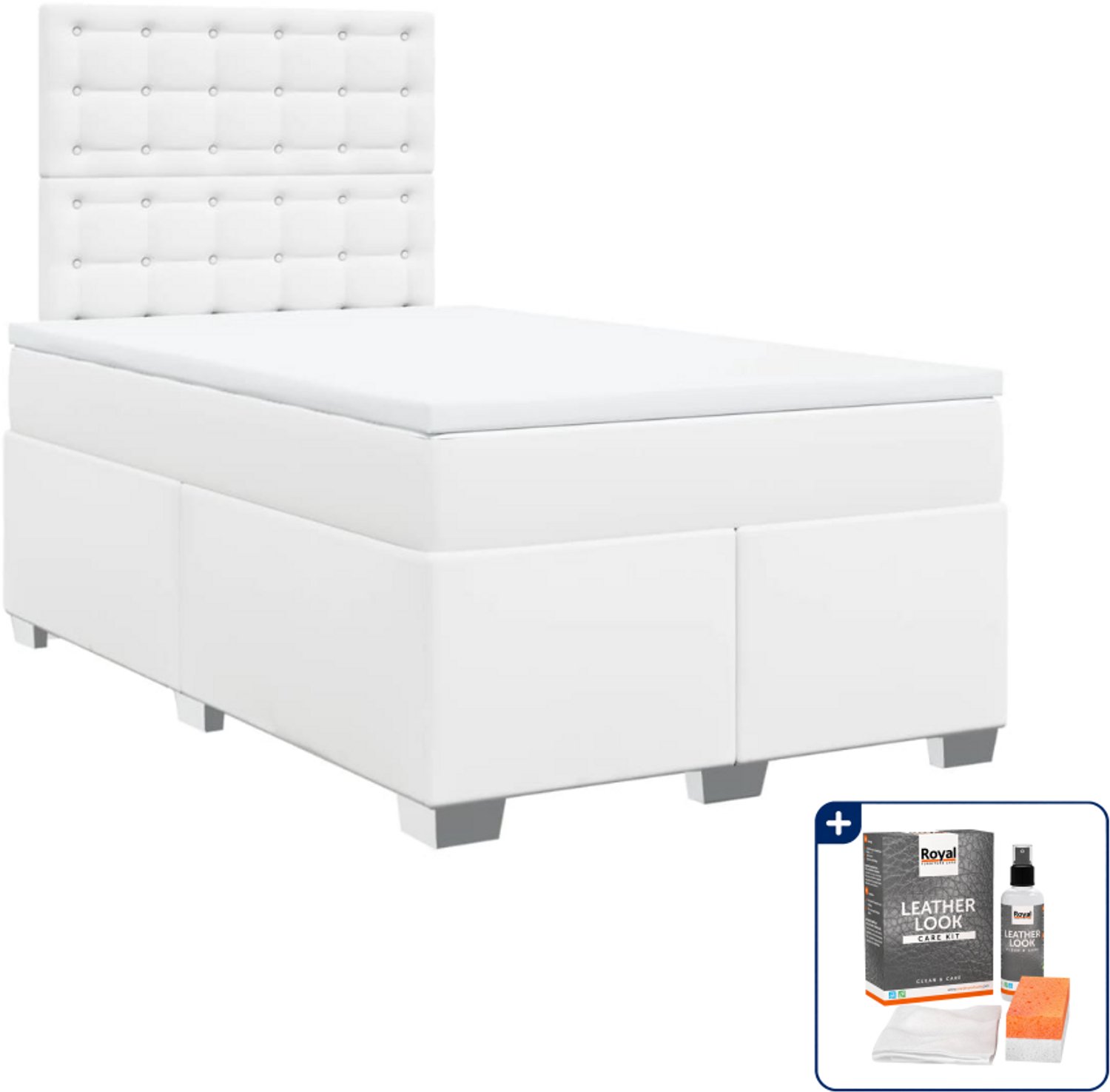 vidaXL boxspring met matras 120 x 200 cm - kunstleer - wit - Inclusief onderhoudsset voor kunstleer 150 ml