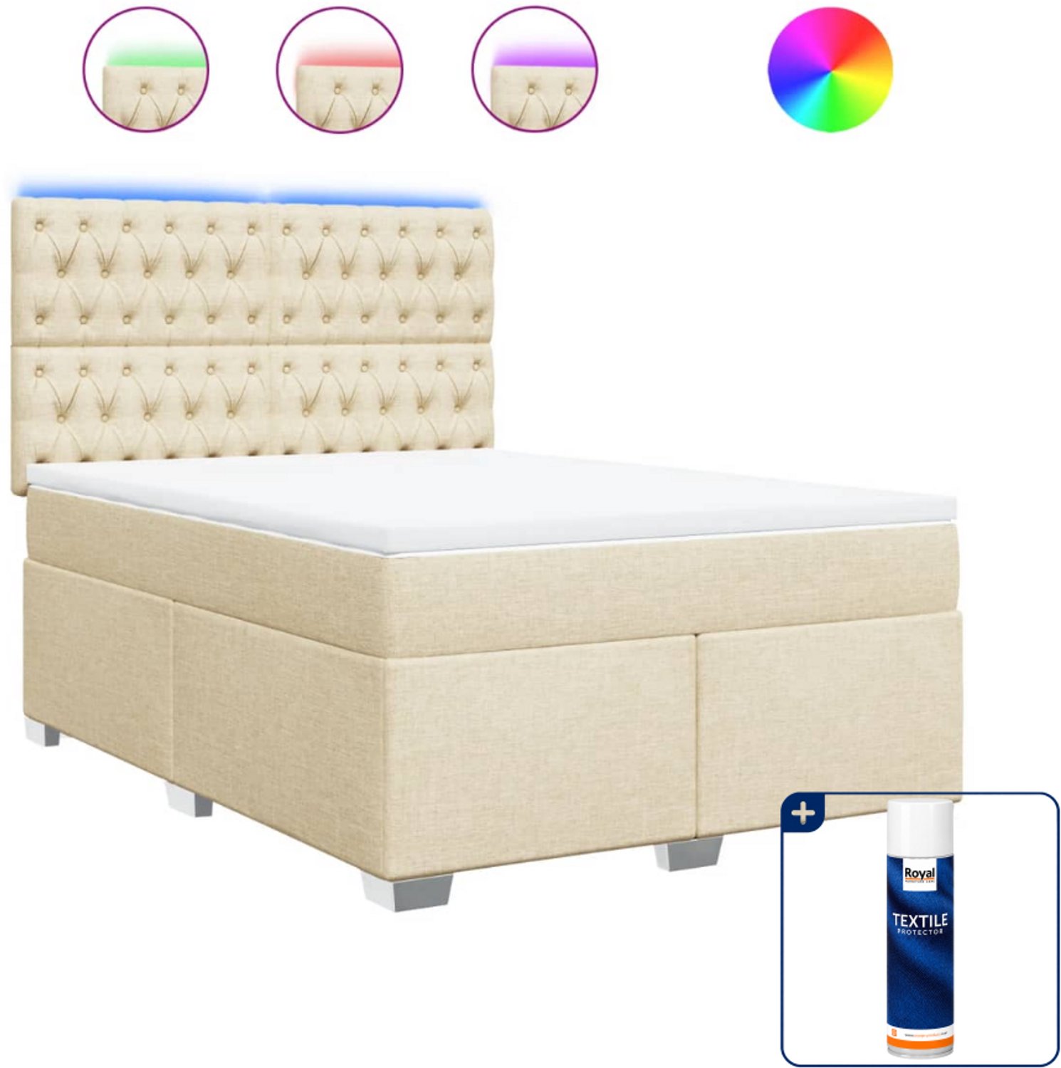 vidaXL boxspring met matras - 140 x 190 cm - stof - crèmekleurig - Inclusief textielbeschermer 500 ml