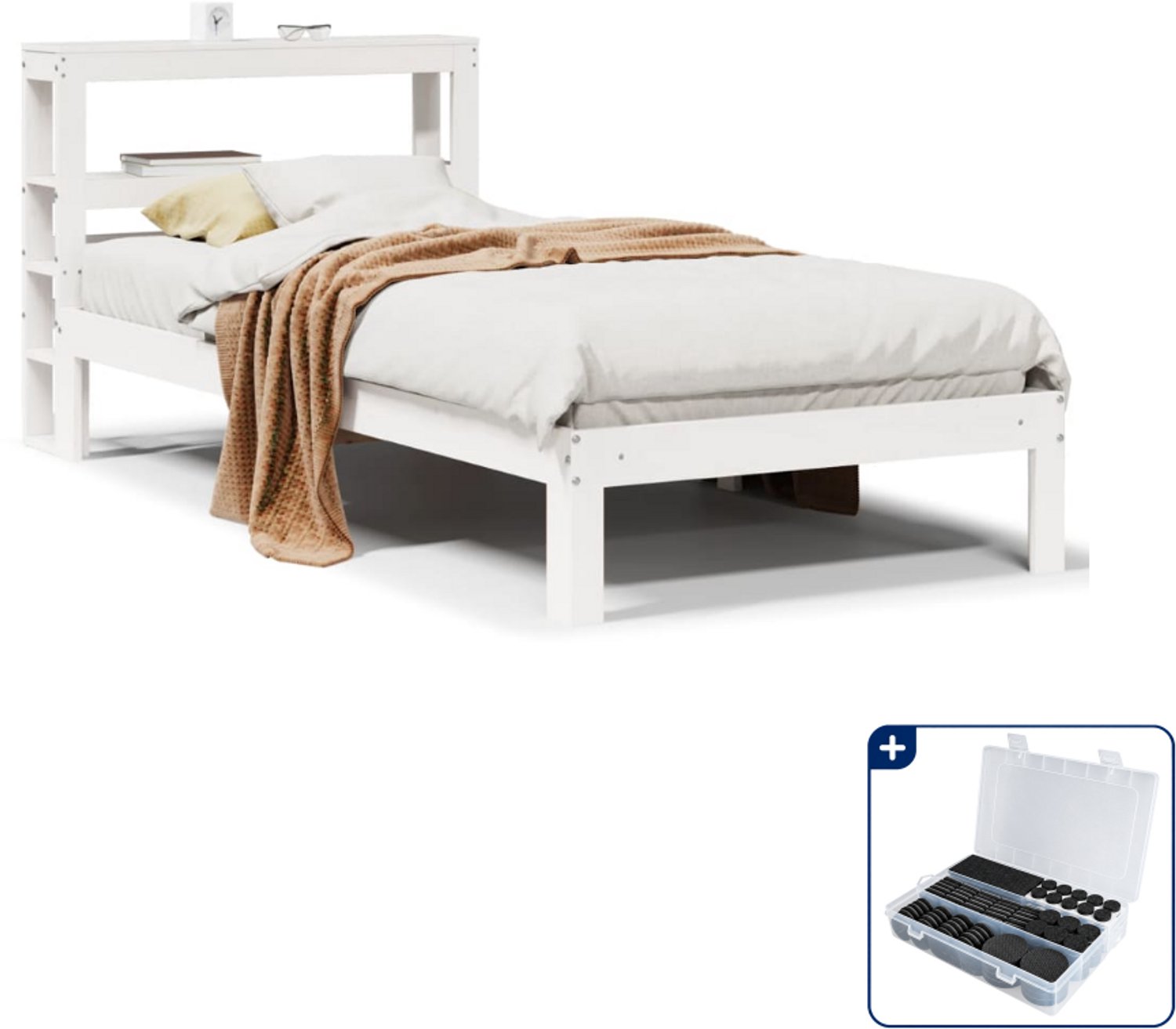 vidaXL Bedframe met hoofdbord - 75 x 190 cm - massief grenenhout - wit - Inclusief antikrasvilt 177-delig