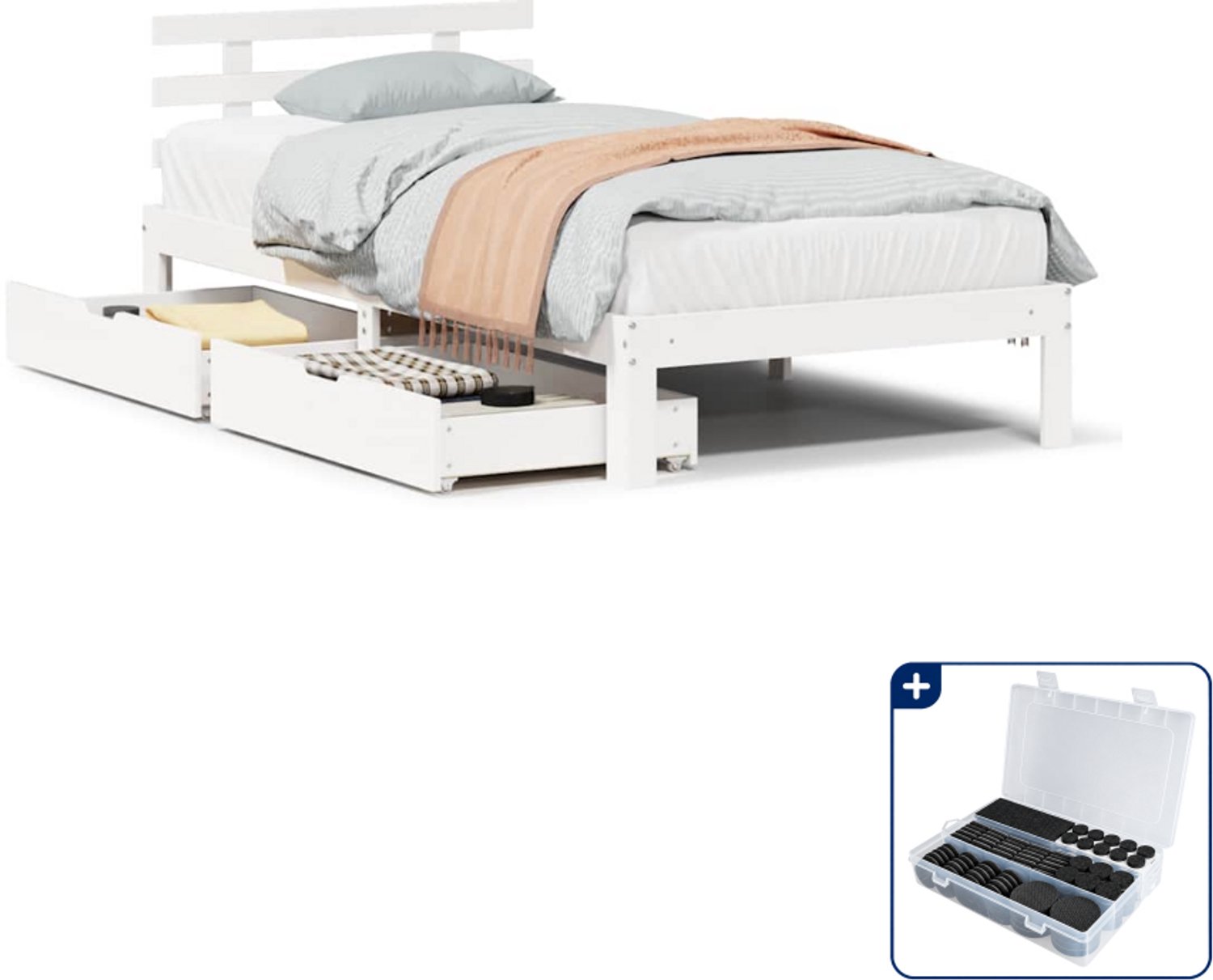 vidaXL bedframe met 2 lades - 100 x 200 cm - massief grenenhout - wit - Inclusief antikrasvilt 177-delig
