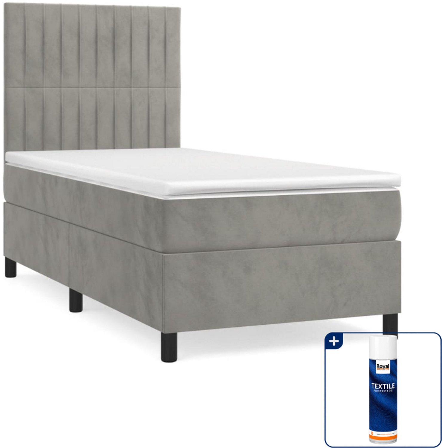 vidaXL boxspring met matras - 90 x 190 cm - fluweel - lichtgrijs - Inclusief textielbeschermer 500 ml