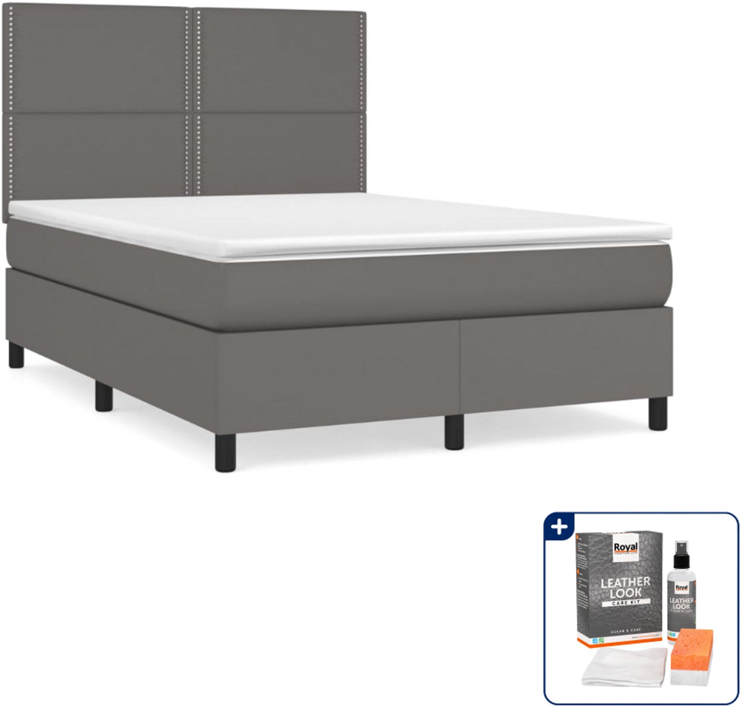 vidaXL boxspring met matras 140 x 190 cm - kunstleer - grijs - Inclusief onderhoudsset voor kunstleer 150 ml