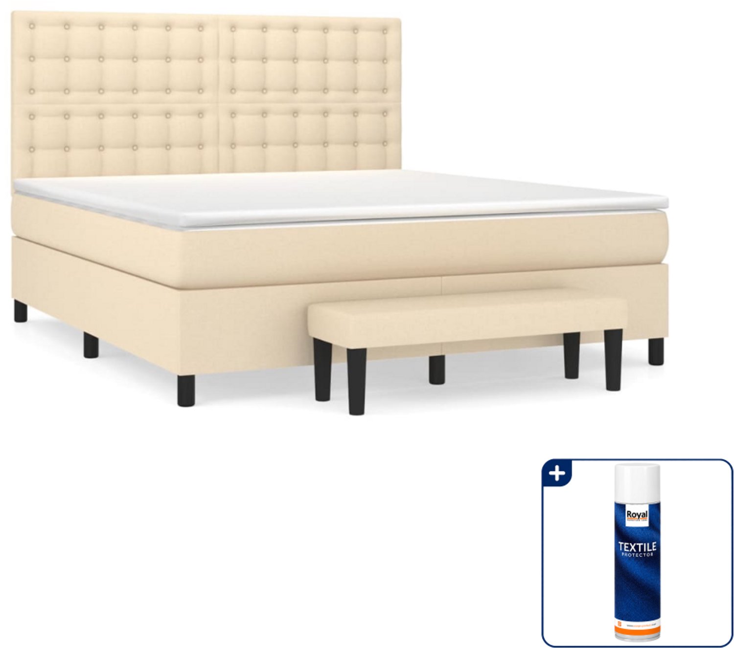 vidaXL Kingsize boxspring met matras en bankje - 180 x 200 cm - crème - Inclusief textielbeschermer 500 ml
