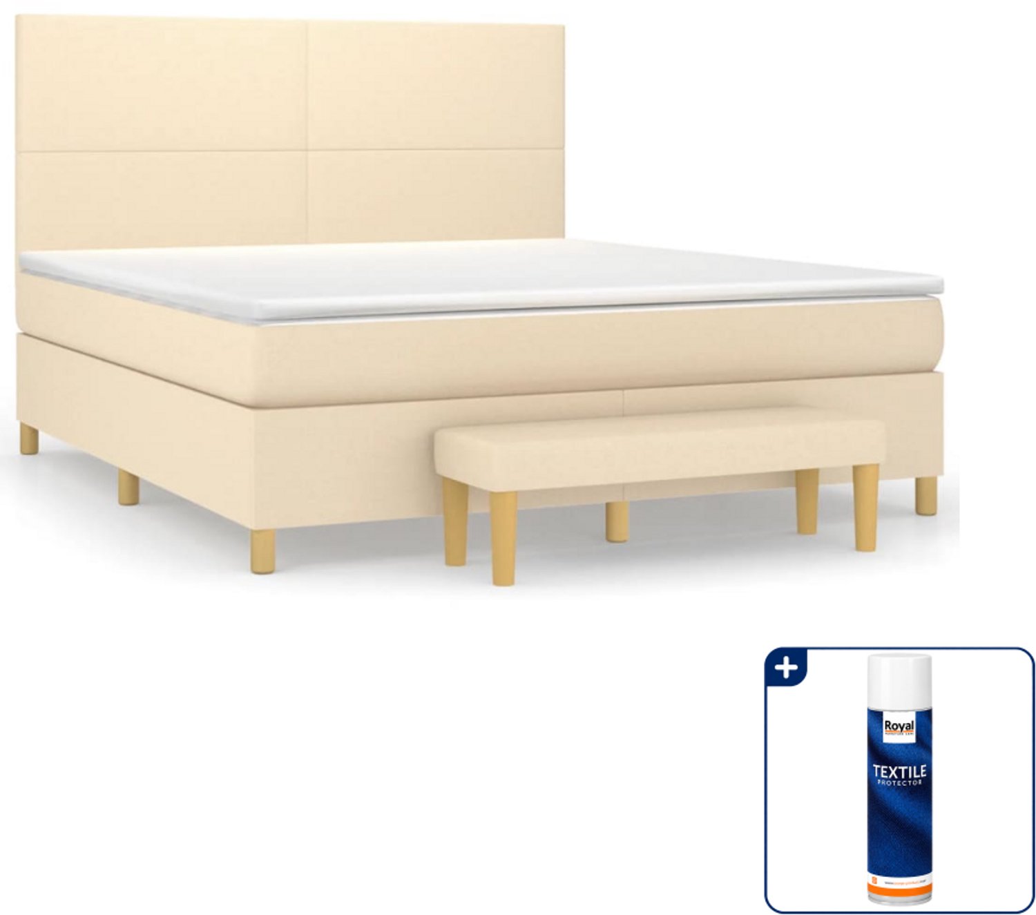 vidaXL boxspring met matras en bankje - Queensize - crème - Inclusief textielbeschermer 500 ml