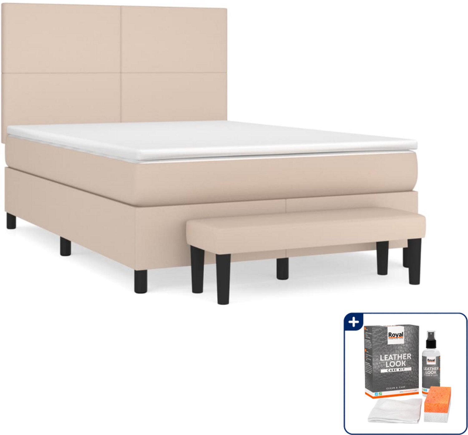 vidaXL boxspring met matras en bank - small double - cappuccino - Inclusief onderhoudsset voor kunstleer 150 ml Bruin