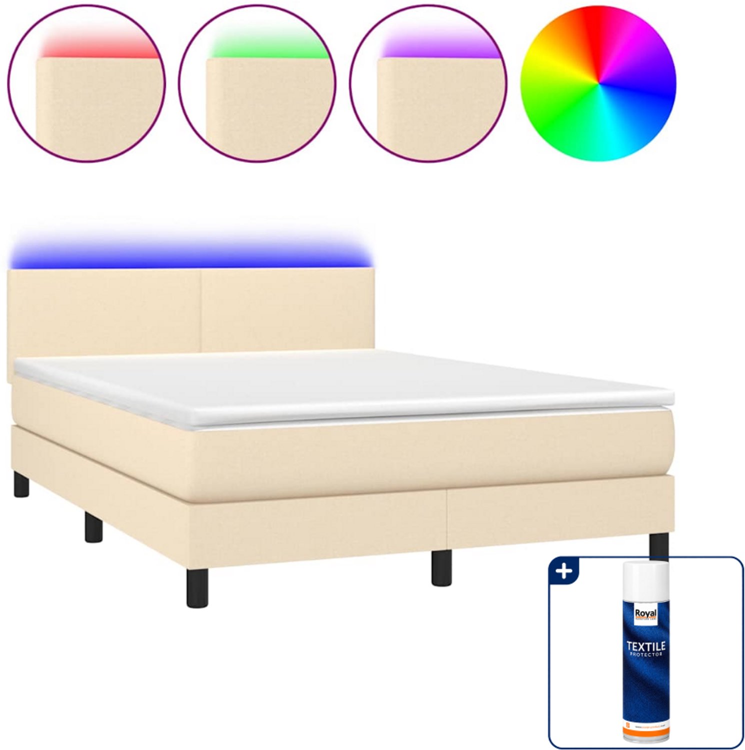 vidaXL boxspring met matras en led - 140 x 190 cm - crèmekleurig - Inclusief textielbeschermer 500 ml