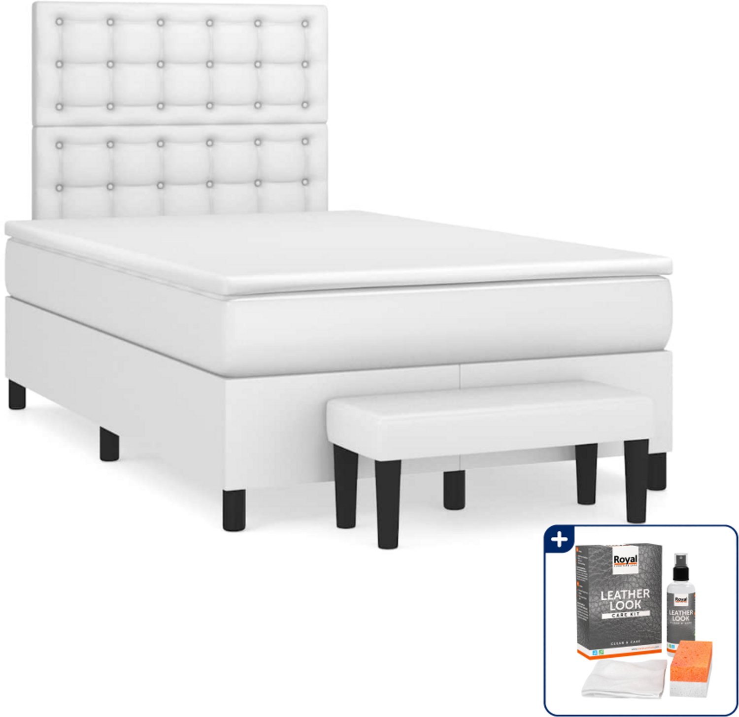 vidaXL boxspring met matras en bank - 120 x 190 cm - wit - Inclusief onderhoudsset voor kunstleer 150 ml