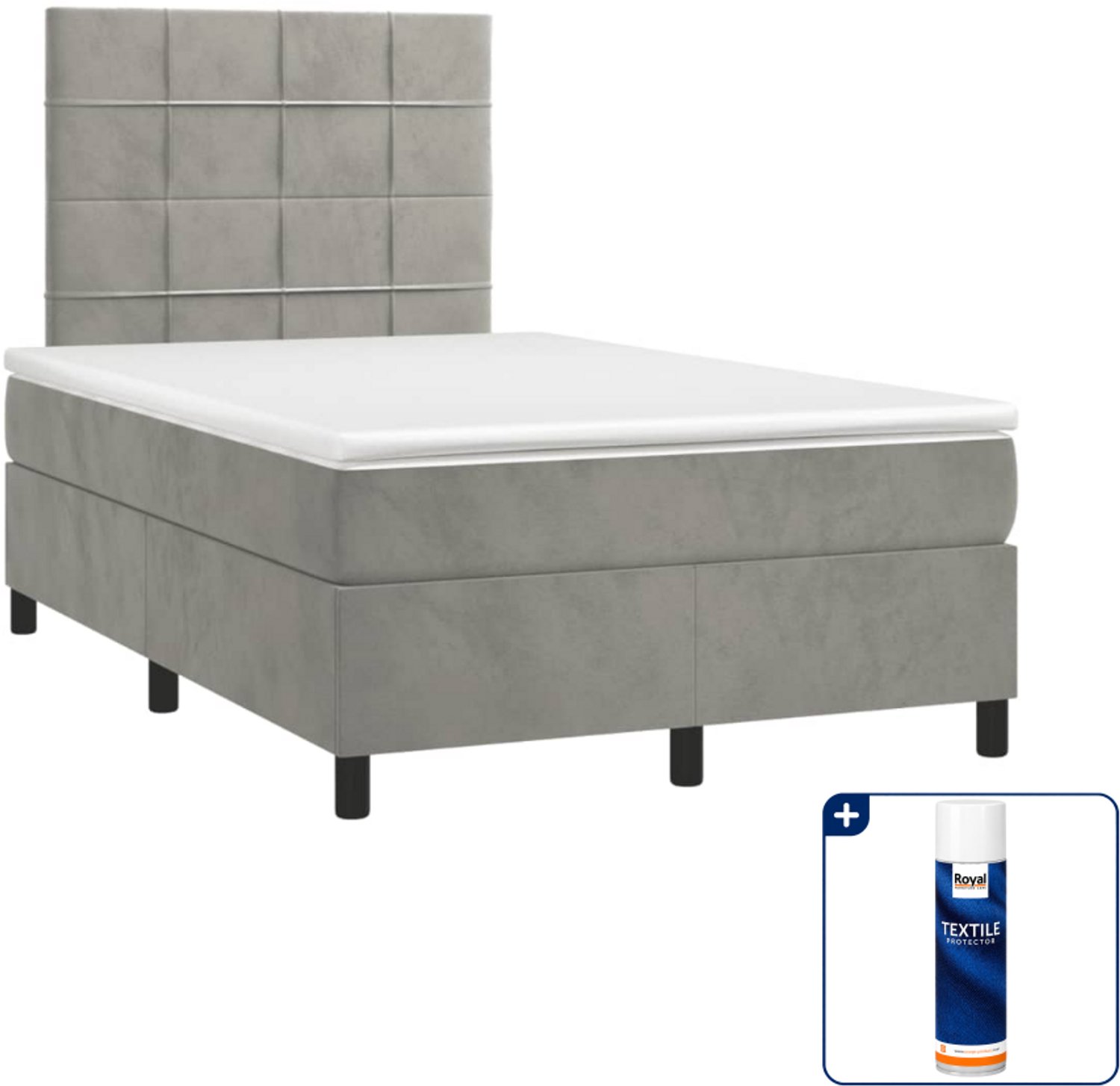 vidaXL boxspring met matras - 120 x 190 cm - fluweel - lichtgrijs - Inclusief textielbeschermer 500 ml
