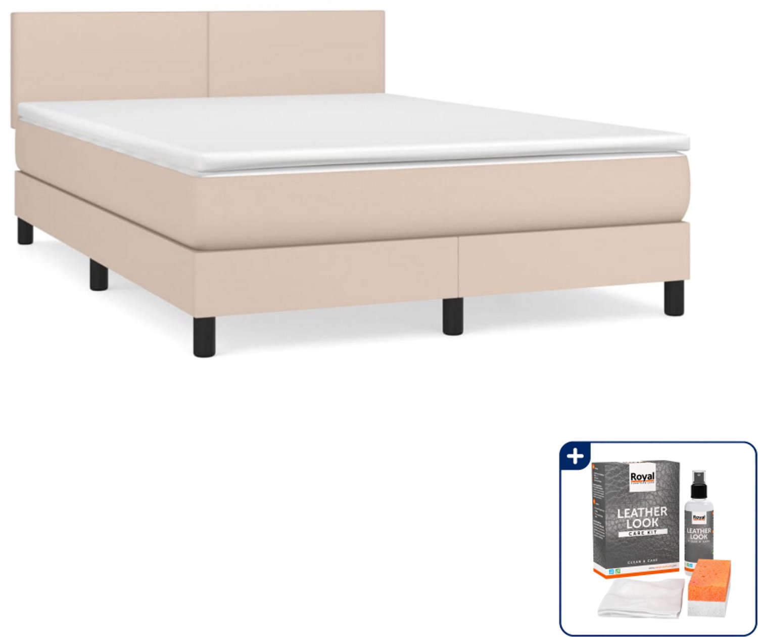 vidaXL boxspring met matras 140 x 190 cm - kunstleer - cappuccino - Inclusief onderhoudsset voor kunstleer 150 ml Bruin