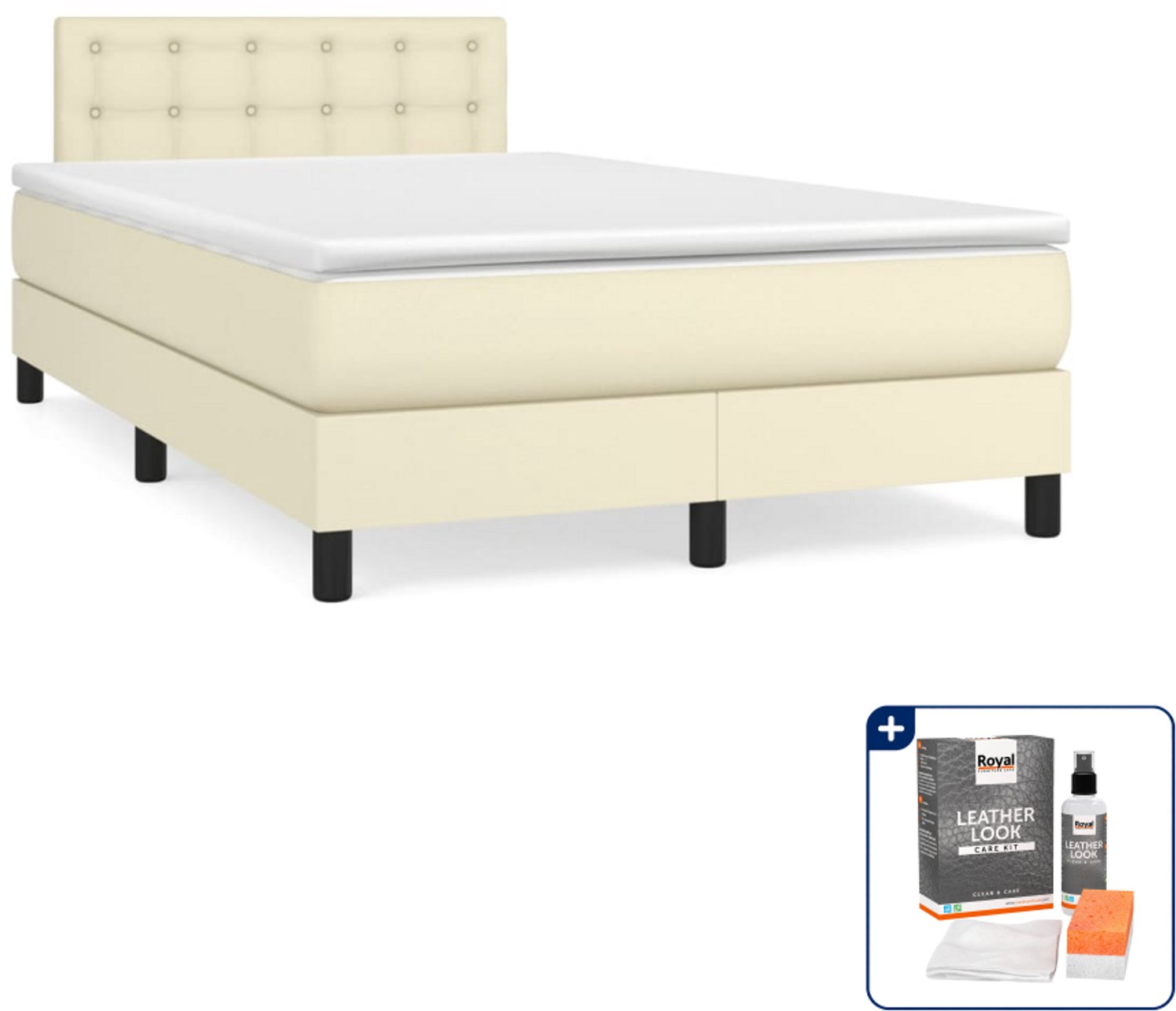 vidaXL boxspring met matras 120 x 200 cm - kunstleer - crème - Inclusief onderhoudsset voor kunstleer 150 ml