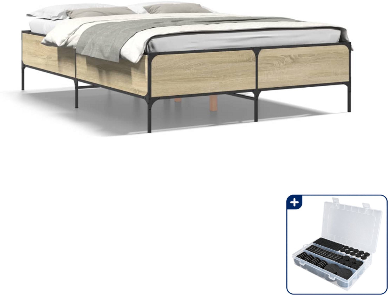 vidaXL bedframe - 150 x 200 cm - sonoma eiken - Inclusief antikrasvilt 177-delig Zwart