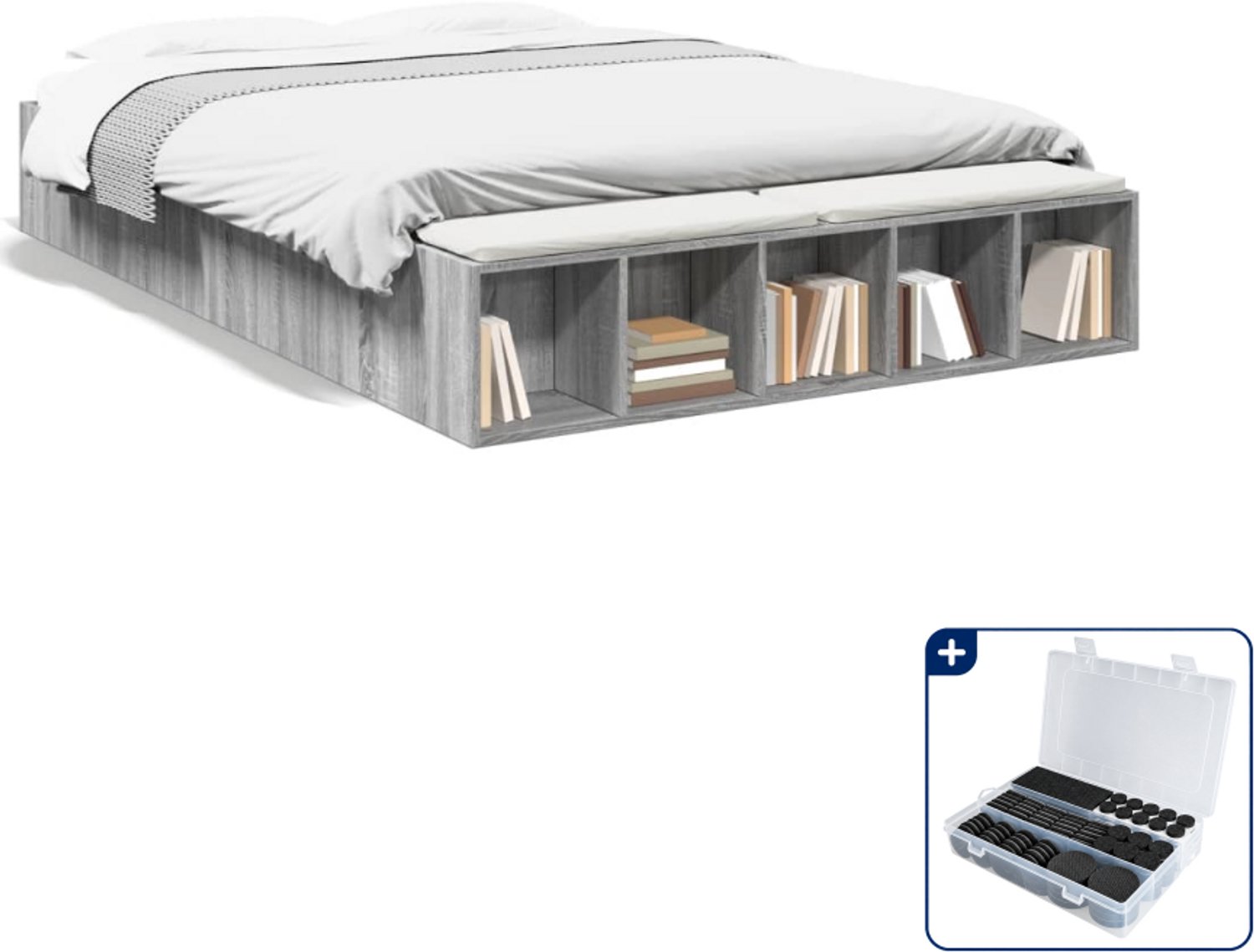 vidaXL bedframe - 150 x 200 cm - bewerkt hout - grijs sonoma eiken - Inclusief antikrasvilt 177-delig