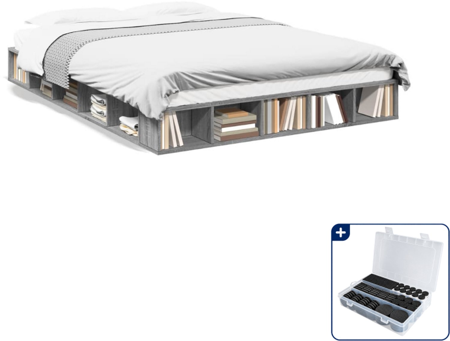 vidaXL bedframe - 150 x 200 cm - bewerkt hout - grijs sonoma eiken - Inclusief antikrasvilt 177-delig Bruin