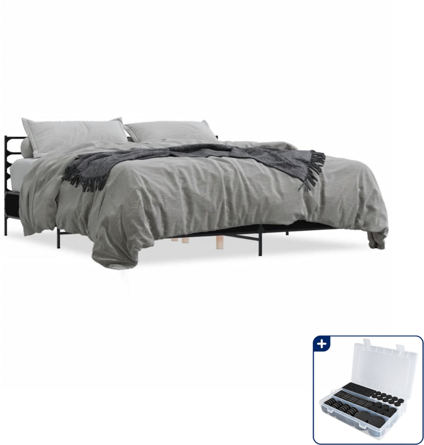 vidaXL Kingsize bedframe 180 x 200 cm - bewerkt hout - zwart - Inclusief antikrasvilt 177-delig