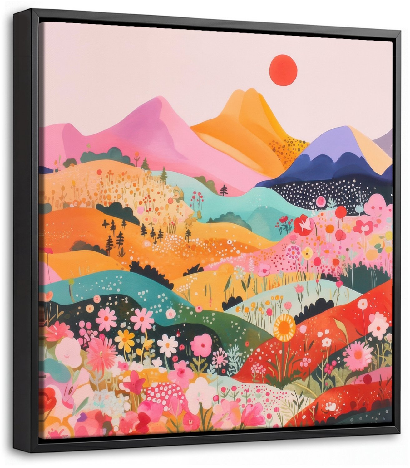 Canvas Schilderij met Baklijst 20x20cm - Kleurrijke bloemen - Bergen - Fantasielandschap - Muurdecoratie woonkamer - Slaapkamer decoratie - Kamer accessoires - Schilderijen op canvas met lijst
