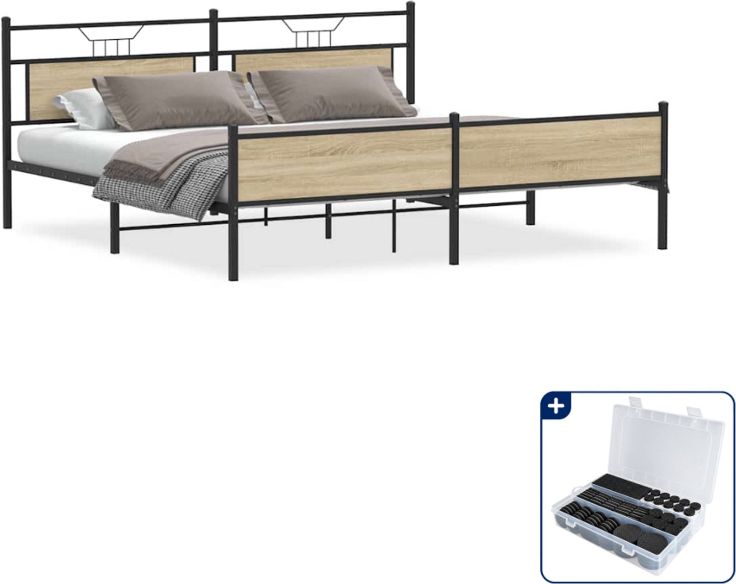 vidaXL bedframe - 200 x 200 cm - sonoma eiken - Inclusief antikrasvilt 177-delig Zwart