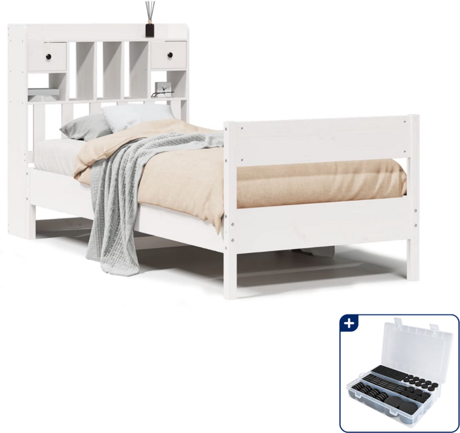 vidaXL bed met boekenkast - 75 x 190 cm - massief grenenhout - wit - Inclusief antikrasvilt 177-delig