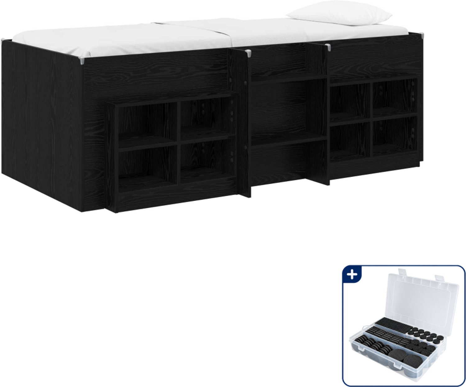vidaXL loftbed met kast - 100 x 200 cm - bewerkt hout - zwart - Inclusief antikrasvilt 177-delig