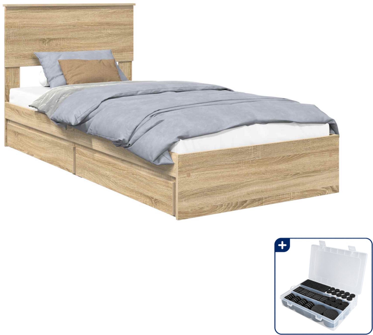 vidaXL bedframe - 75 x 190 cm - bewerkt hout - sonoma eiken - Inclusief antikrasvilt 177-delig Bruin