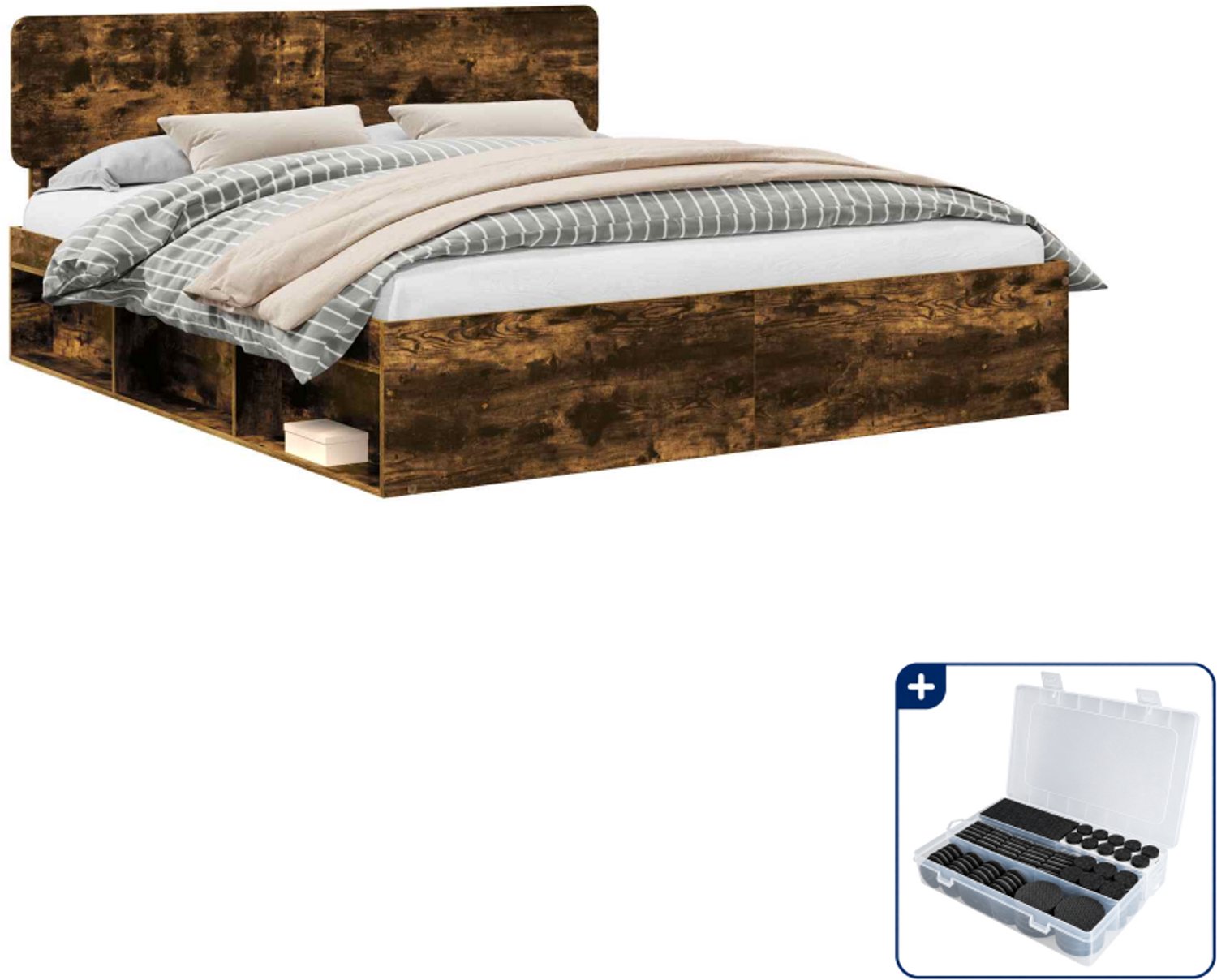 vidaXL Bedframe - Kingsize - 180 x 200 cm - gerookt eiken - Inclusief antikrasvilt 177-delig Bruin