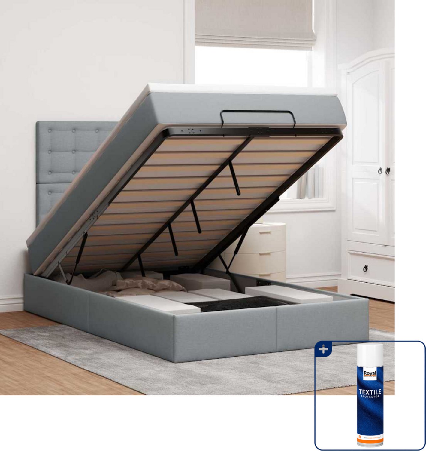 vidaXL ottoman bed met matras en LED - 120 x 190 cm - stof - lichtgrijs - Inclusief textielbeschermer 500 ml Taupe