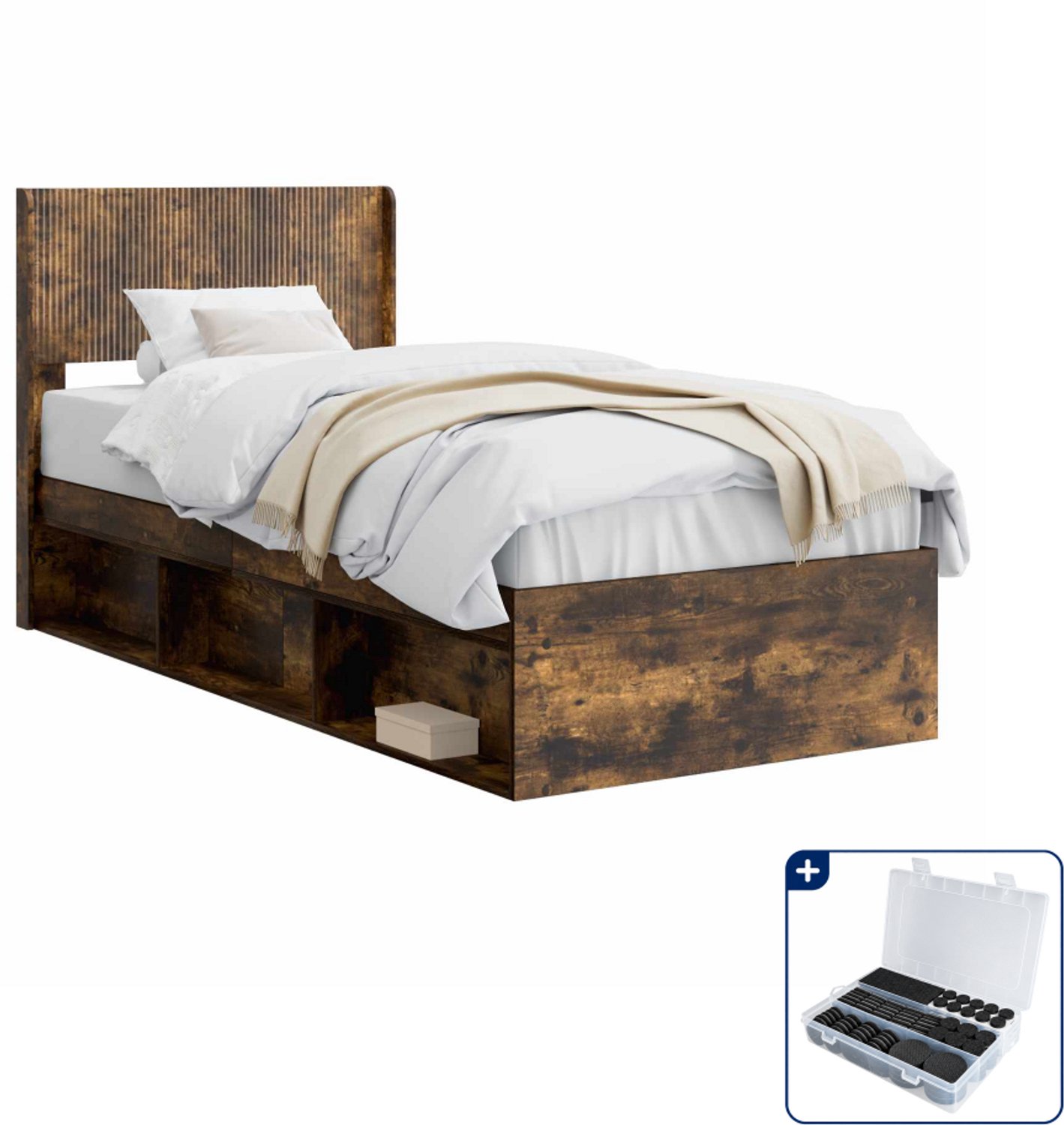 vidaXL bedframe met opbergruimte - 105 x 203 x 100 cm - bewerkt hout - gerookt eiken - Inclusief antikrasvilt 177-delig Bruin