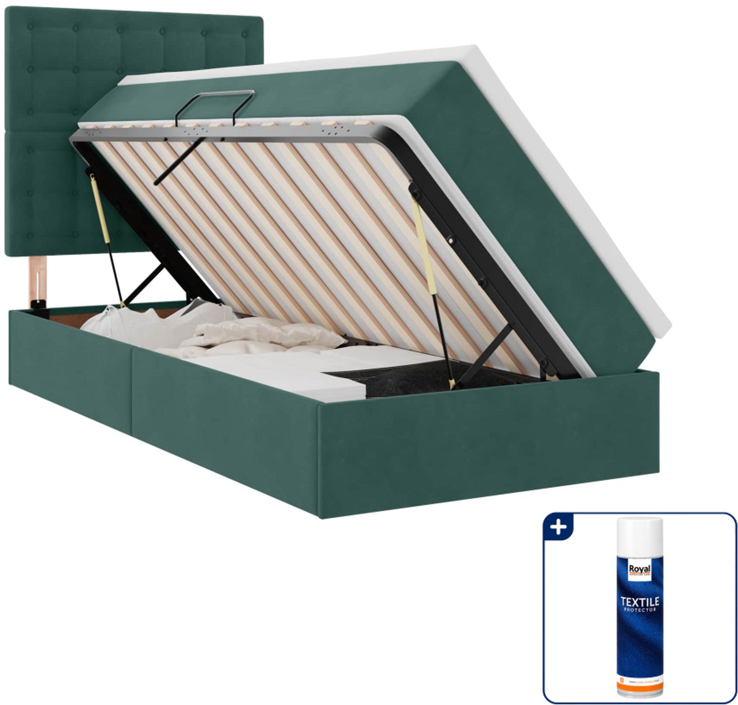 vidaXL led opslagbed met matras - 90 x 200 cm - donkergroen - fluweel - Inclusief textielbeschermer 500 ml Taupe